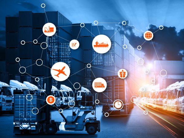 Supply Chain Data Mapped Over Delivery Vehicles - Cedric Millar Supply Chain Logistics Company